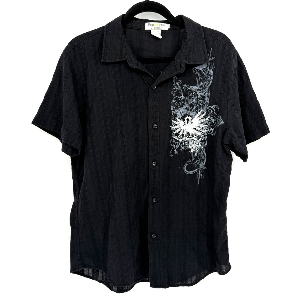 Pop Icon Mens XL Graphic Print Button Up Shirt Dragon Print Edgy Rock Moto